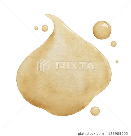 Watercolor illustration of beige paint splash with droplets, creating artistic and abstract design. soft, fluid shape and warm tones evoke sense of creativity and elegance 128905993