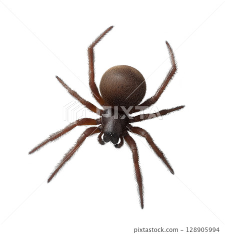 Close up image of brown spider with detailed textures on its body and legs, isolated on transparency background. spider features are clearly visible, showcasing its natural appearance Close up image of brown spider with detailed textures on its body and legs, isolated on transparency background. spider features are clearly visible, showcasing its natural appearance 128905994