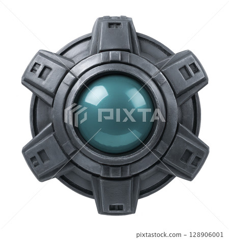 Futuristic, metallic device with central blue orb and geometric design, resembling sci fi gadget or control mechanism. sleek, industrial look suggests advanced technology 128906001
