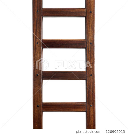 Wooden ladder with rich brown finish stands upright, showcasing its sturdy construction and smooth texture. ladder rungs are evenly spaced, providing classic and functional design 128906013