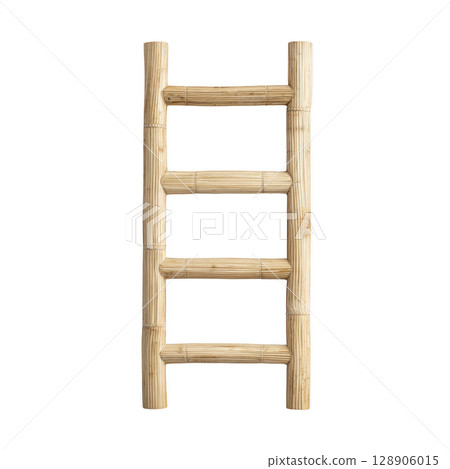 Rustic wooden ladder with five rungs made from natural bamboo, showcasing simple and organic design. Ideal for home decor or practical use, adding touch of nature to any space Rustic wooden ladder with five rungs made from natural bamboo, showcasing simple and organic design. Ideal for home decor or practical use, adding touch of nature to any space 128906015
