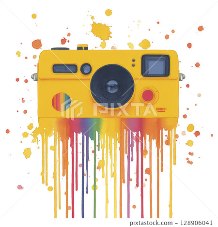 Vibrant yellow camera with rainbow paint splashes and drips creates dynamic and artistic effect. colorful design adds playful and creative touch to image 128906041