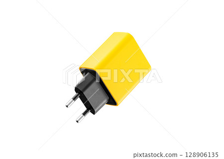adapter for charger with USB and Type C connector, yellow, on isolated or white background adapter for charger with USB and Type C connector, yellow, on isolated or white background 128906135