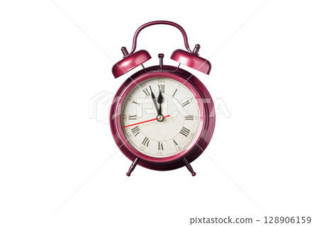 retro clock, pointer clock, red color alarm clock on isolated white background 128906159