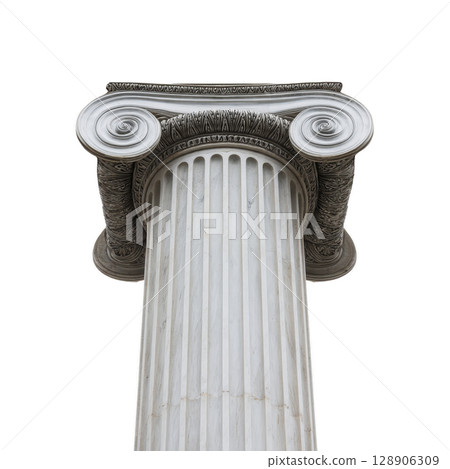 Classical Ionic column with intricate scrollwork and fluted design, showcasing ancient architectural elegance and historical craftsmanship 128906309