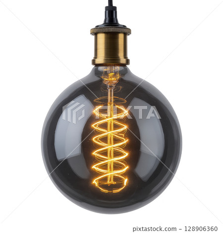 Glowing vintage style light bulb with visible filament creates warm and inviting atmosphere. round glass design and intricate filament pattern add touch of elegance and nostalgia 128906360