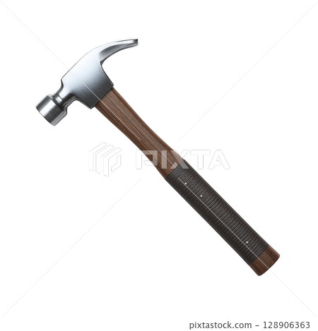 Sturdy hammer with metal head and wooden handle, ideal for construction and carpentry tasks. grip is wrapped for comfort and control, making it reliable tool for various projects 128906363
