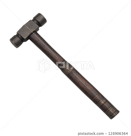 Vintage double headed hammer with wooden handle and metal heads, showcasing rustic and antique design. tool appears well crafted, ideal for display or collection 128906364