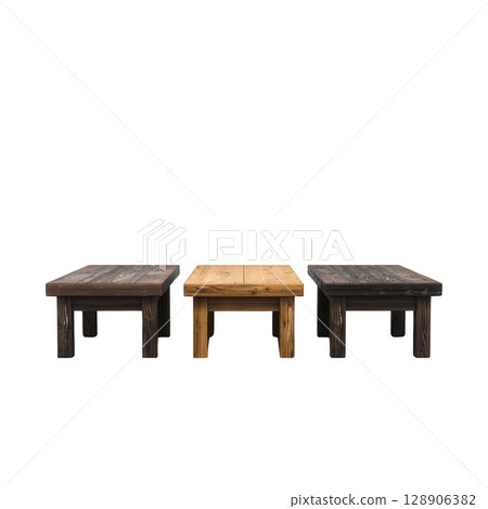 Three rustic wooden benches in varying shades of brown are arranged side by side, showcasing simple and sturdy design. benches have natural finish, highlighting wood grain 128906382