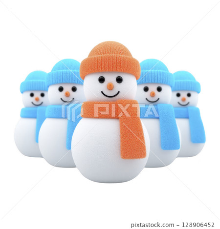 Group of cheerful snowmen wearing colorful hats and scarves stand together, creating festive and joyful winter scene. snowmen bright accessories add playful touch to image 128906452
