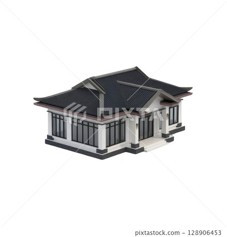 Modern single story house with dark gray gabled roof and large windows, featuring minimalist design and white exterior walls. structure exudes contemporary and elegant style 128906453