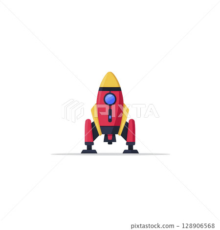 Colorful cartoon rocket ship with yellow top and red body stands upright, ready for launch against plain background. design is simple and playful, evoking sense of adventure 128906568