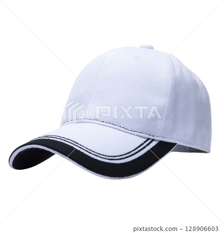 White baseball cap with black accents on brim, showcasing simple and sporty design. cap is made of fabric and features curved visor, suitable for casual wear 128906603