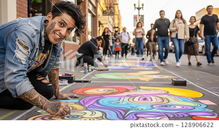 Chalk artists decorating the city 128906622
