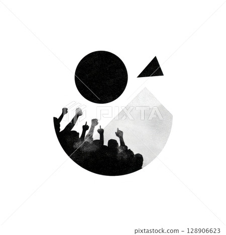 Group of silhouetted hands raised in celebration against abstract geometric shapes, including circle and triangle, creating dynamic and artistic composition Group of silhouetted hands raised in celebration against abstract geometric shapes, including circle and triangle, creating dynamic and artistic composition 128906623