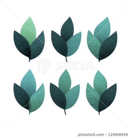 Six stylized green leaves arranged in two rows create harmonious pattern, showcasing blend of teal and dark green shades. watercolor texture adds natural and artistic touch 128906648