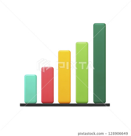 Colorful 3D bar chart with five vertical bars varying heights, each different colors, represents data visualization and growth. bars are arranged from shortest to tallest, symbolizing progress 128906649