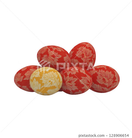 Collection of decorative eggs with intricate floral patterns in red and yellow hues, creating vibrant and festive display. design is elegant and suitable for various celebrations 128906654