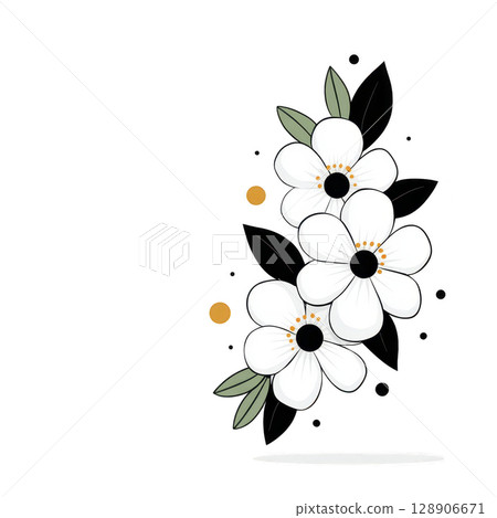 White flowers with black centers and green leaves are arranged vertically, accented by small orange dots, creating simple and elegant floral design White flowers with black centers and green leaves are arranged vertically, accented by small orange dots, creating simple and elegant floral design 128906671