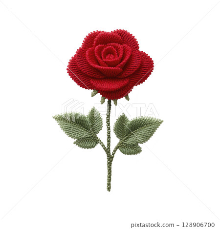 Vibrant red embroidered rose with green leaves is depicted on transparency background, showcasing intricate stitching and texture. design is elegant and detailed, highlighting beauty of rose 128906700