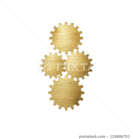 Four interconnected golden gears on transparency background symbolize teamwork and precision. metallic texture adds luxurious feel, highlighting concept of mechanical efficiency and collaboration 128906701
