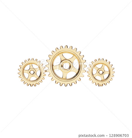 Three interconnected golden gears transparency background symbolize teamwork and mechanical precision. shiny metallic finish highlights their industrial design, evoking sense of efficiency 128906703