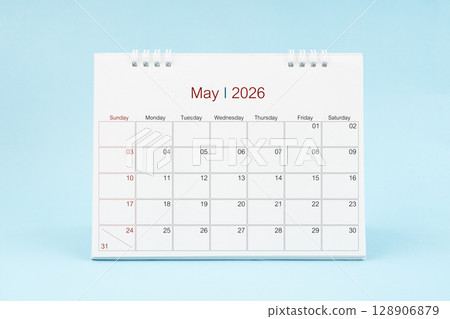 May 2026, Monthly desk calendar for 2026 year on Blue color background. 128906879