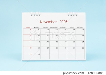 November 2026, Monthly desk calendar for 2026 year on Blue color background. November 2026, Monthly desk calendar for 2026 year on Blue color background. 128906885