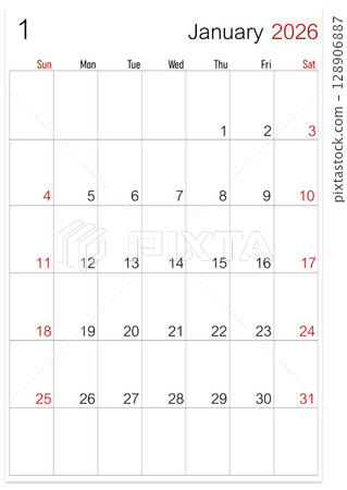 January 2026, calendar page isolated on white background, save clipping path. 128906887