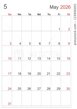 May 2026, calendar page isolated on white background, save clipping path. May 2026, calendar page isolated on white background, save clipping path. 128906891