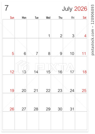 July 2026, calendar page isolated on white background, save clipping path. July 2026, calendar page isolated on white background, save clipping path. 128906893