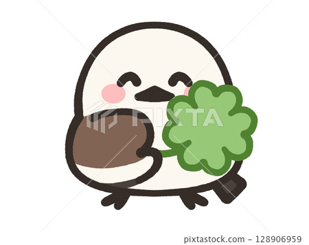Illustration material of a long-tailed tit holding a four-leaf clover 128906959