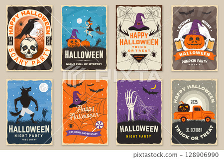 Set of Halloween celebration flyer, poster, banner collection. Halloween party retro templates, invitation poster, seals, patches. Concept for shirt or logo, print, stamp. Typography design- vector. 128906990