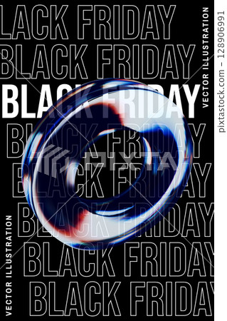 Black Friday Graphic Templates with 3D glass torus. Refraction and holographic effect isolated on dark background. Neon transparent glass torus with overlay dispersion light, rainbow gradient for 128906991