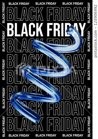 Black Friday Graphic Templates with 3D glass spring tube. Refraction and holographic effect isolated on dark background. Neon transparent glass spring tube with overlay dispersion light, gradient for 128906992