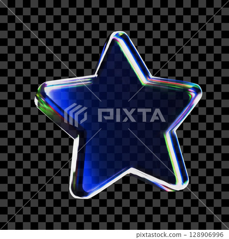 3D glass star icon with refraction and holographic effect isolated on dark background. Neon transparent glass star with overlay dispersion light, rainbow gradient. 3d vector morphism. 3D glass star icon with refraction and holographic effect isolated on dark background. Neon transparent glass star with overlay dispersion light, rainbow gradient. 3d vector morphism. 128906996