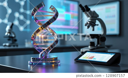 Colorful DNA helix model and microscope in lab. Modern biotechnology and genetic research. Generative AI. Colorful DNA helix model and microscope in lab. Modern biotechnology and genetic research. Generative AI. 128907157