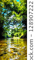 A landscape of a clear river surrounded by trees 128907222