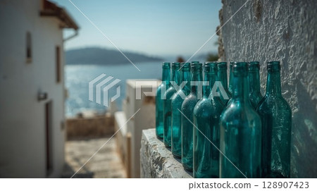 後巷裡擺放著空瓶子，可以欣賞海景 128907423