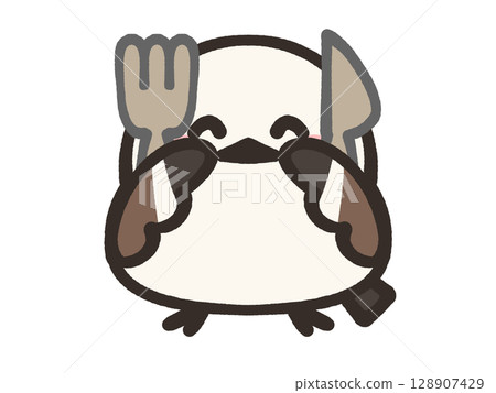 Illustration material of a loose long-tailed tit holding a knife and fork 128907429