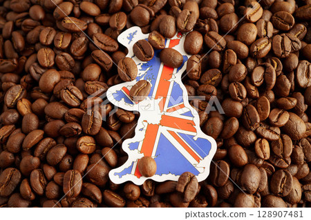 UK flag on coffee beans, shopping online for export or import food product. UK flag on coffee beans, shopping online for export or import food product. 128907481