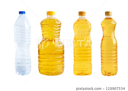 Vegetable oil  and water in bottle isolated on white background. 128907534