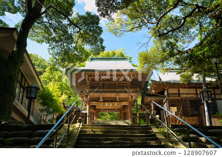 被新綠環繞的美麗神社大門 被新綠環繞的美麗神社大門 128907607