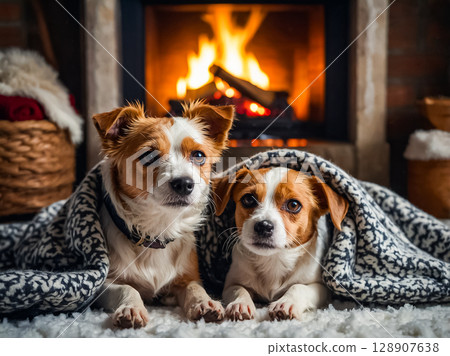 Two cute Jack russell dogs under soft woolen blanket crouching on floor in living room near fireplace in the winter season. 128907638