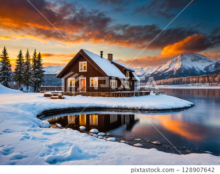 Winter scene of a brown cottage on the snowy shore of a river with some trees covered with snow and the sky is colored from the beautiful winter sunset. 128907642