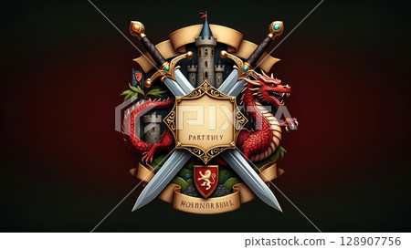 Fantasy emblem with crossed swords, shield, snake, and rose. Rich dark background emphasizes the medieval theme, perfect for games or guilds. Generative AI. 128907756