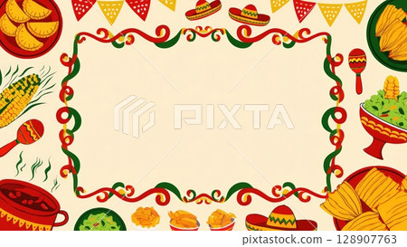 Festive frame with chili peppers, corn, nachos, and traditional Mexican elements on a warm background. Perfect for food events, fiestas, or themed invitations. Generative AI. 128907763