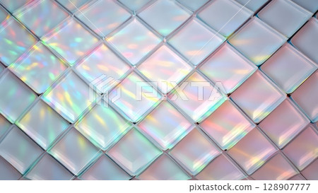 Abstract surface of iridescent tiles with a geometric grid, reflecting soft rainbow hues. Generative AI. 128907777