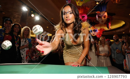 Stylish casino scene with confident woman throwing dice during intense gambling moment. Generative AI. 128907793