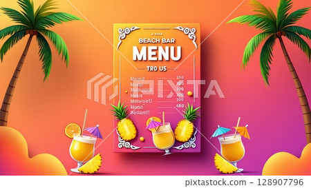 Tropical restaurant menu design with palm trees, cocktail glasses, and bright sunset background. Summer-themed layout perfect for beach bars or vacation promotions. Generative AI. 128907796